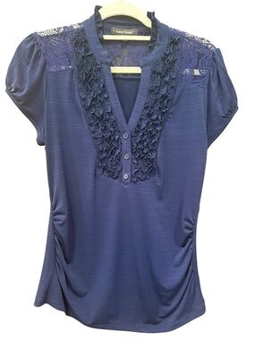 HeartSoul Navy Lace-Shoulder Ruffle V-Neck Blouse
